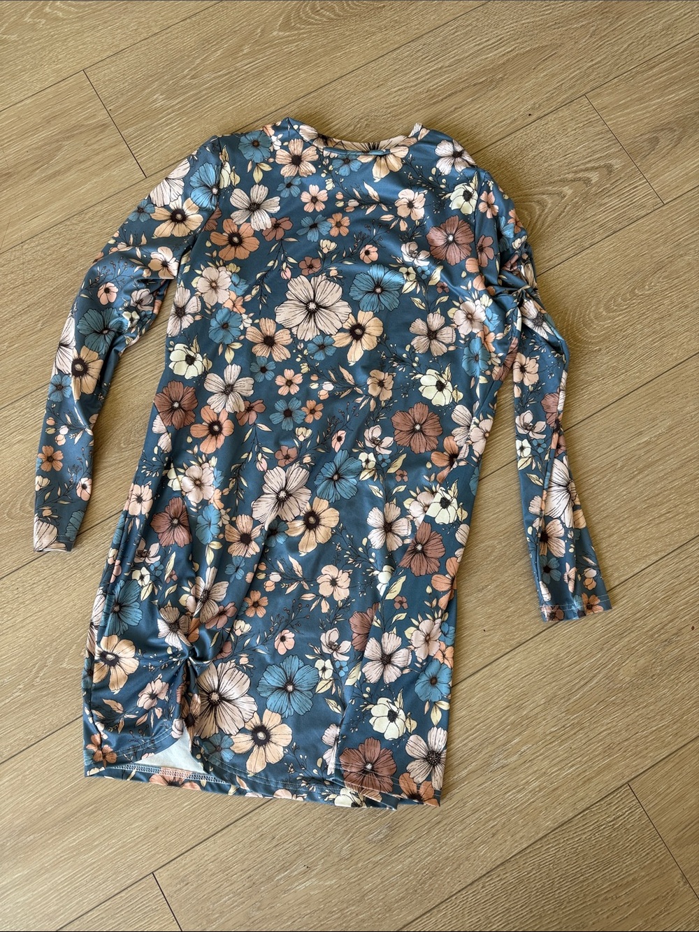 Floral Long Sleeve Dress Tunic in Teal with Pink & Brown Flowers